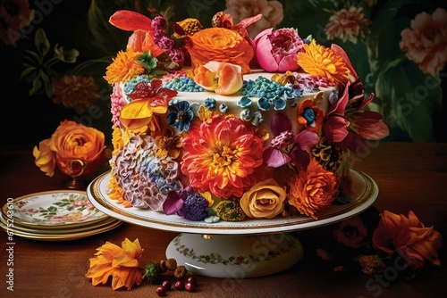 Floral-adorned cake. Generative AI