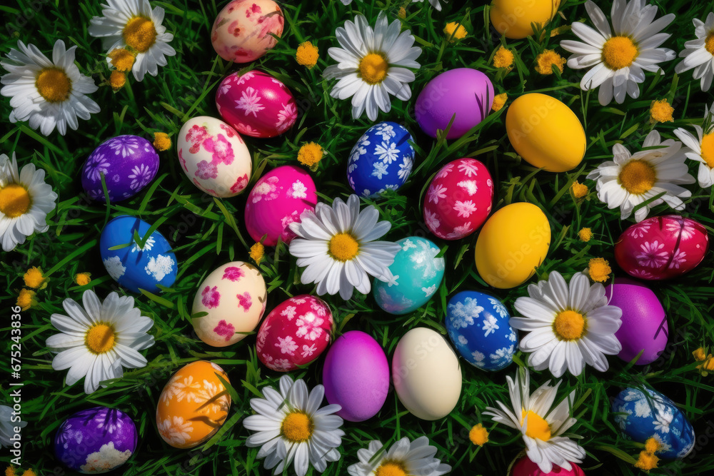 Vibrant Painted Easter Eggs with Floral Detail in Stunning Close-Up