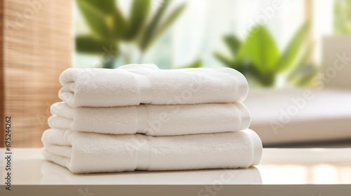 Roll up of white towels on a white table