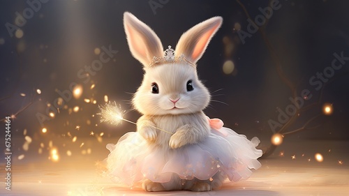 a bunny donning a sparkling tiara and a tulle skirt, surrounded by fairy lights and confetti, bringing in the charm of New Year 2024 with its adorable presence.