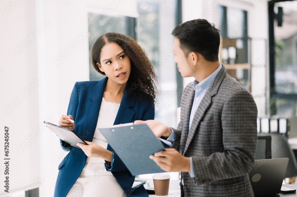 Kind leader executive manager share and discuss business solutions plan ideas on tablet . Kind leader executive manager share and discuss business solutions plan ideas on tablet .