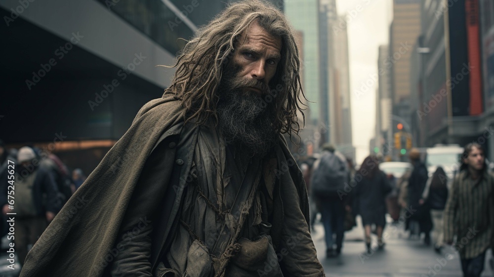 Fototapeta premium Homeless man on the street of a big city, alcoholism, drug addiction, low social responsibility, poverty