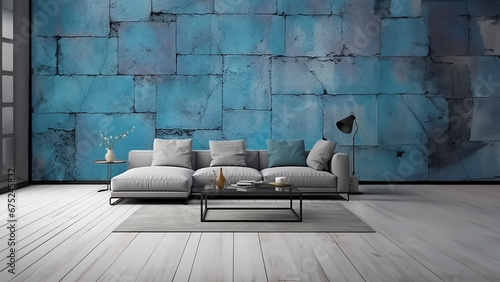 Habitación moderna, salón con sofá, mesilla y alfombra con pared de piedra en color azul photo