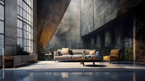 Habitación moderna, salón de diseño con sofá, mesilla y alfombra photo