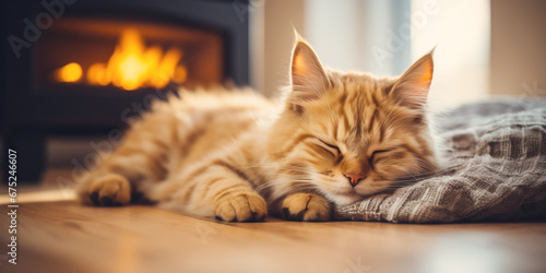 Cat sleeping near fireplace in winter. © LeManna
