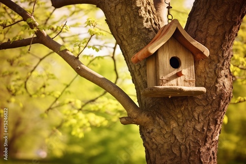 Fotografia A rustic birdhouse hanging from a tree in a sunny park during spring
