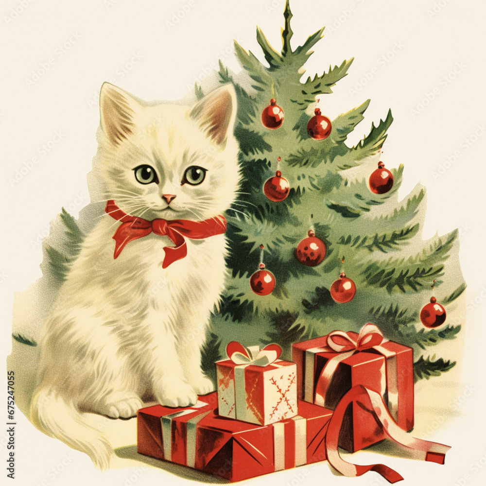 cat and christmas tree cat and christmas tree