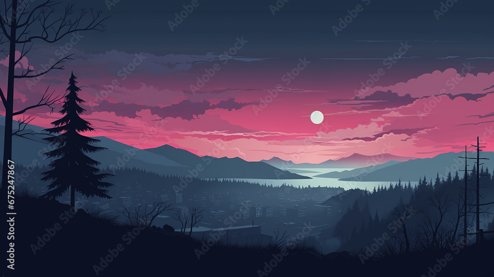 Ilustración de paisaje montañoso con luna al atardecer en color rosa y azul - obrazy, fototapety, plakaty 