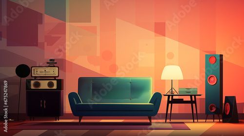 Ilustración de habitación con sofá verde y lámpara con luz acogedora fondo naranja vista frontal photo