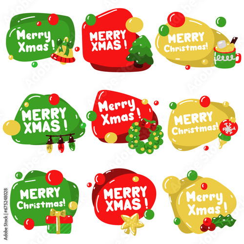 Set of vector conversational colored balls with the inscription Merry Christmas and New Year's items, isolated on a white background. New Year greetings. Design of a Christmas card, banner, stickers
