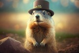 Groundhog in a hat on Groundhog Day in the forest. AI generated