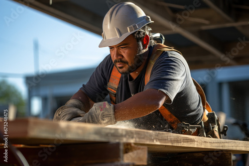 ouvrier du BTP avec son casque en train de travailler sur un chantier de construction photo