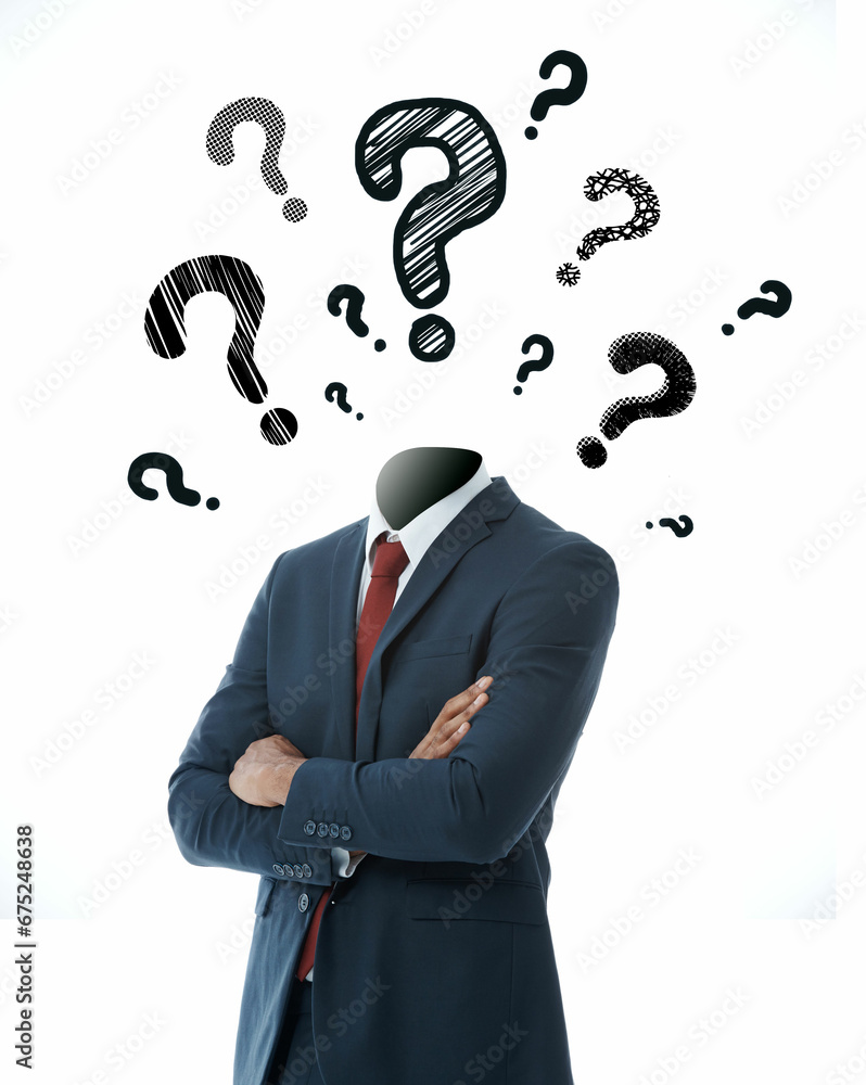 Businessman standing without head with drawing question marks. Businessman standing without head with drawing question marks.
