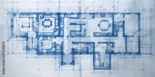 Fototapeta Generative AI, Blue print floor plan, architectural background, technical draw	
