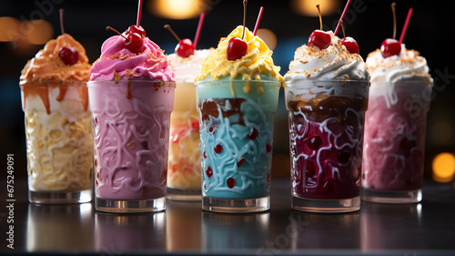 various beautiful tasty drinks with ice cream in a glass on the table, close-up