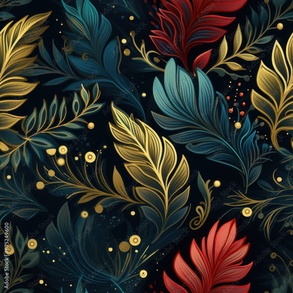 Leaves on a dark background, seamless pattern