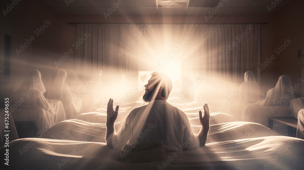 Spiritual Enlightenment: Man Meditating Surrounded by Shining Spirits