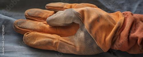 Detail on work gloves wide banner. Gloves after use in hard work