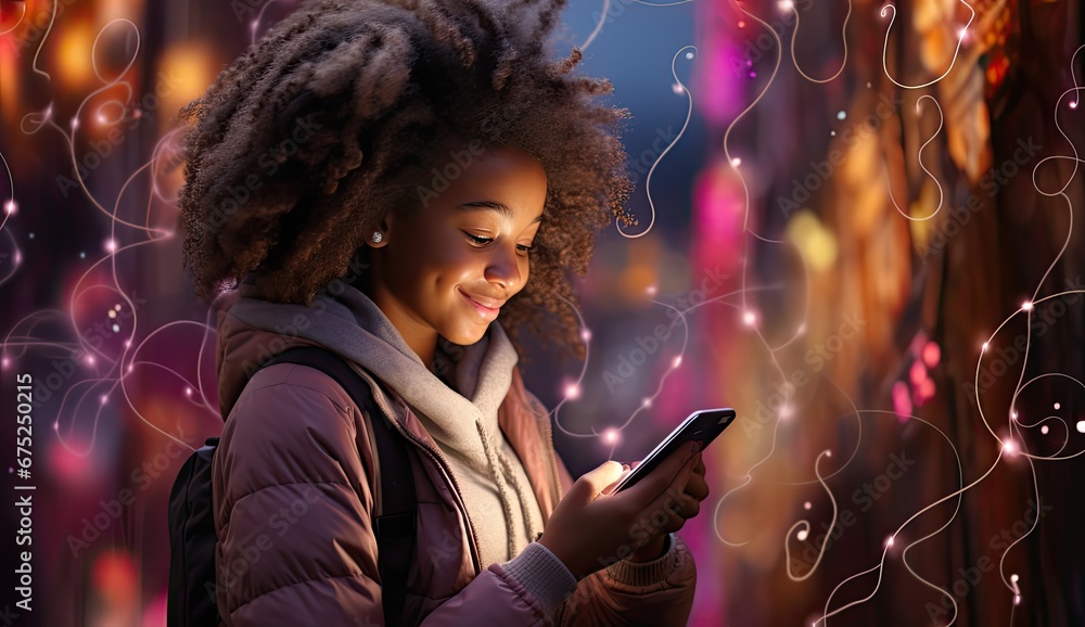Obraz na płótnie Dziewczynka z Afro telefonem na ulicy miasta nocą  w salonie