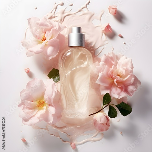 Cosmetic AD bottle mockup isolated with arranged flowers as decoration in the background for product presentation