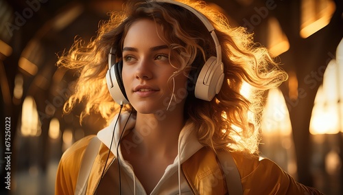 Piękna blondynka biegnie przez jesienny park słuchając muzyki w słuchawkach 