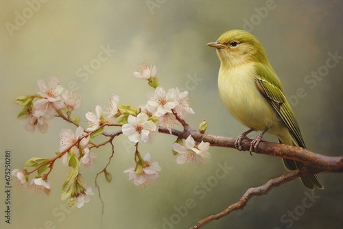 a small bird grasping a blossom. Generative AI © Una