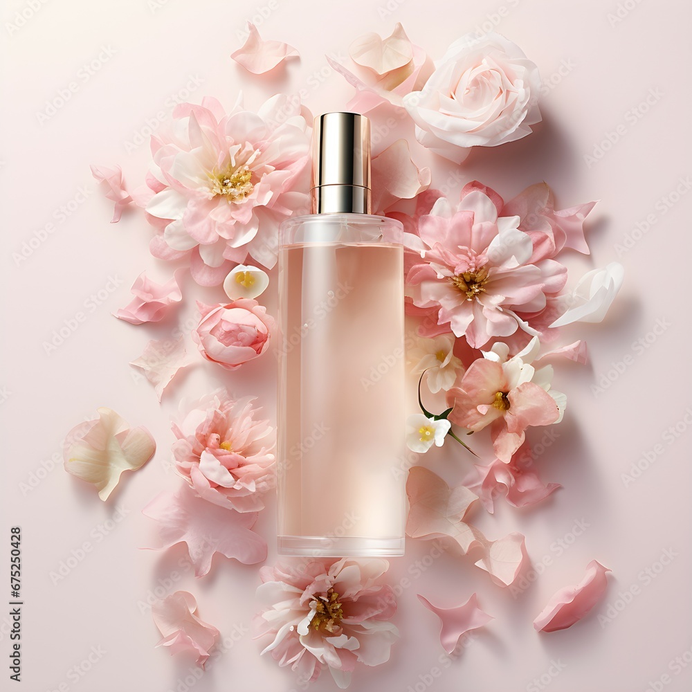 Cosmetic AD bottle mockup isolated with arranged flowers as decoration in the background for product presentation Cosmetic AD bottle mockup isolated with arranged flowers as decoration in the background for product presentation