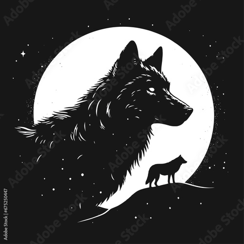 Black alpha male lone wolf with full moon silhouette. Wild animal at night graphic design illustration. Line art style wolves vector set