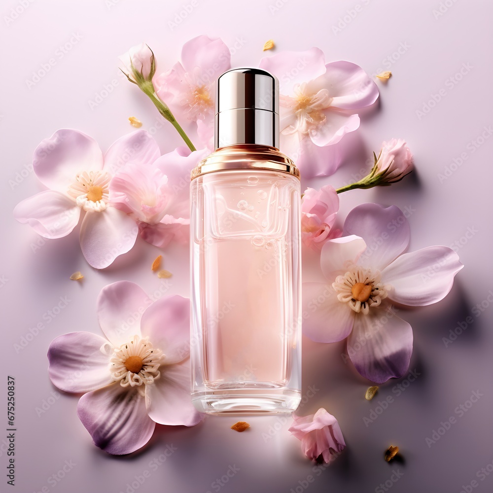 Cosmetic AD bottle mockup isolated with arranged flowers as decoration in the background for product presentation Cosmetic AD bottle mockup isolated with arranged flowers as decoration in the background for product presentation