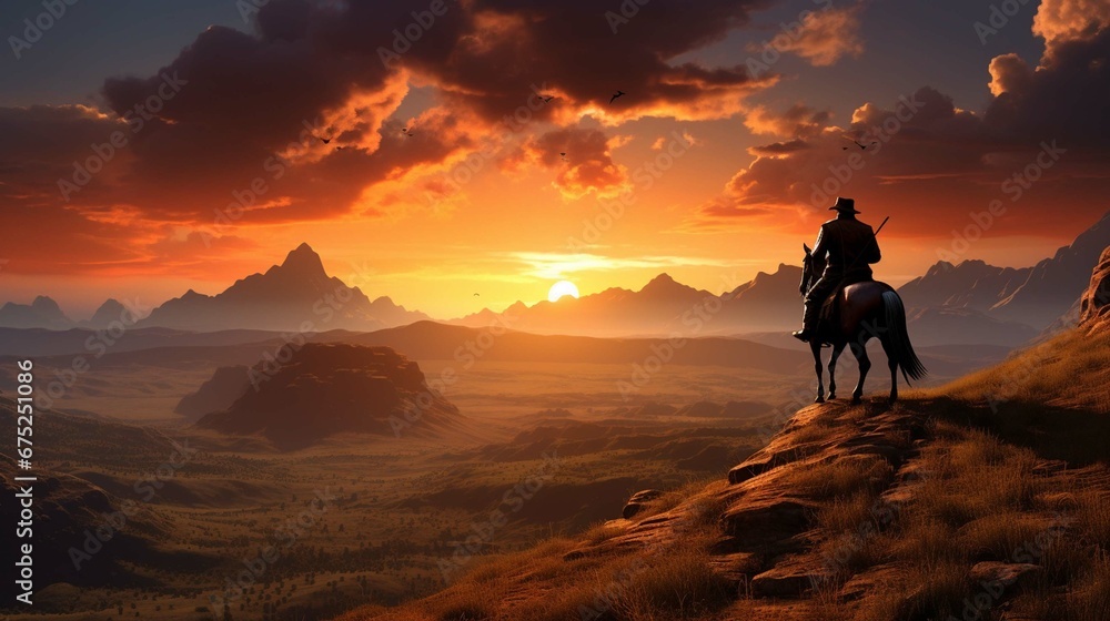 cowboy on a horse in the field rides against the background of the sunset. breathtaking landscape wallpaper
