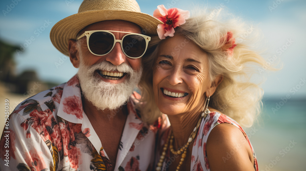 beautiful elderly couple hugging and smiling on vacation. Valentine's Day. copy space