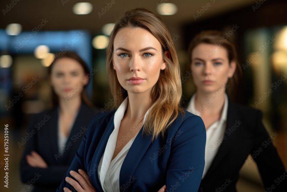 Confident professional young latin business woman looking at camera standing arms crossed in modern office Confident professional young latin business woman looking at camera standing arms crossed in modern office