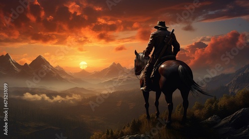 cowboy on a horse in the field rides against the background of the sunset. breathtaking landscape wallpaper © Esha