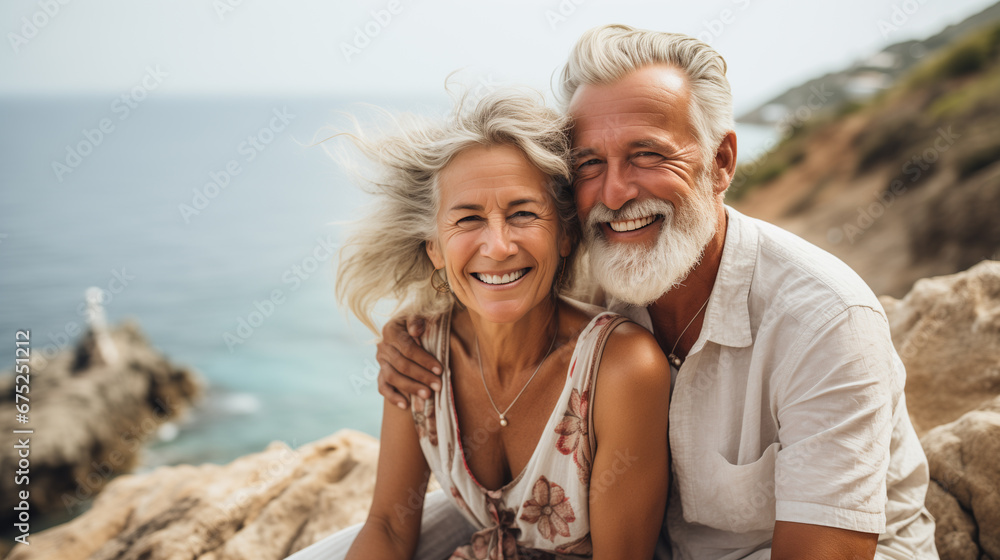 beautiful elderly couple hugging and smiling on vacation. Valentine's Day. copy space beautiful elderly couple hugging and smiling on vacation. Valentine's Day. copy space