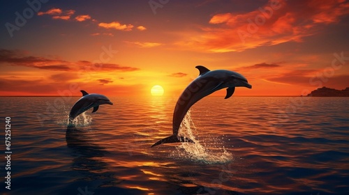 Dolphins are jumping at sunset. Sea landscape at sunset. © Esha