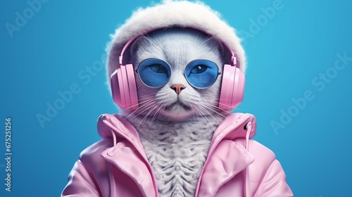 fantasy character with cat head in sunglasses and headphones wearing white jacket listening to music against pink and blue background  © Esha