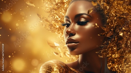 Fictitious AI Generated African American woman in gold on golden sparkling background, girl in golden dress.