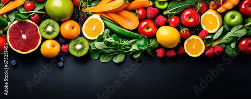 Assorted fruits and color vegetables top view. wide vegetable banner. © Michal
