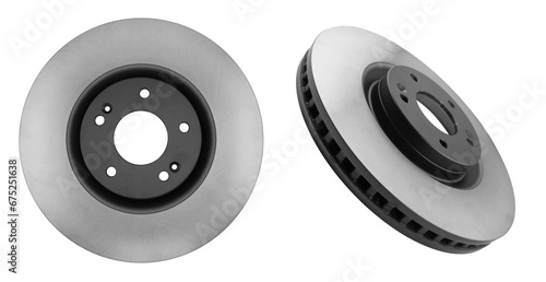 Car brake disc isolated on white background. Auto spare parts. Perforated brake disc rotor isolated on white. Braking ventilated discs. Quality spare parts for car service or maintenance photo