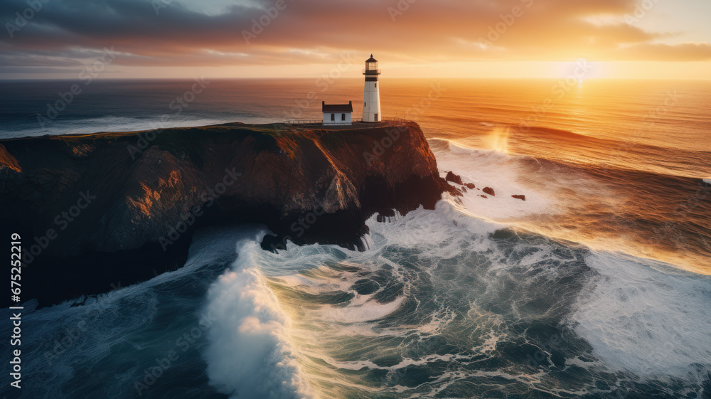 lighthouse in cliff at sunset with waves in the sea