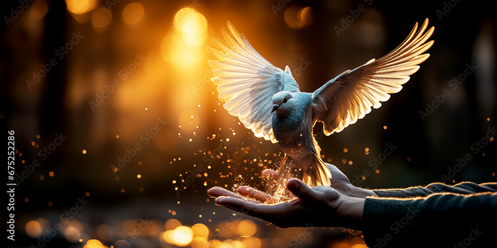 Hand release a white dove with freedom and peace concept background - obrazy, fototapety, plakaty 
