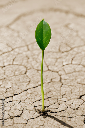 A young plant grows on dried soil. Close-up illustration.