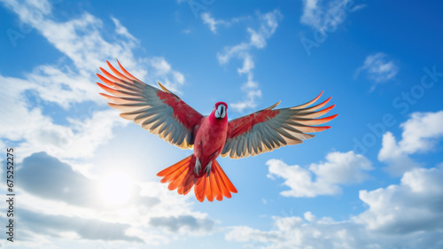red parrot flying against blue sky © mimadeo