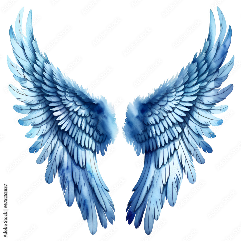 Fototapeta premium Blue Watercolor Angel Wings Isolated on Transparent Background