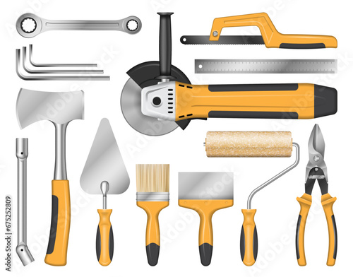 Construction tools set, angle grinder, axe, wrench, putty knife, trowel, snips, brush, paint roller, hacksaw, ruler. Realistic hardware for repair and renovation, isolated vector illustration