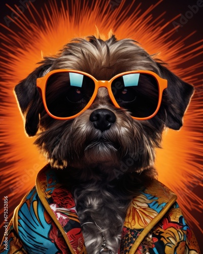 A trendy little dog sporting stylish sunglasses against an explosive orange backdrop © mockupzord
