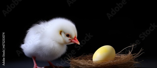 The newborn baby chick with yellow feathers had a red eye and was as white as an Easter egg perched on the leg of a white chicken shaped bird statue on the tropical island creating a captiv photo