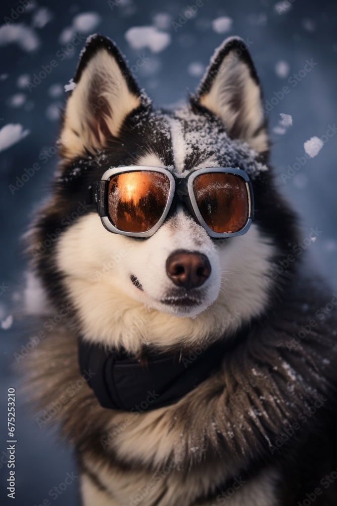 Obraz premium Siberian husky with stylish shades and snow-covered fur, looking at the camera with anticipation