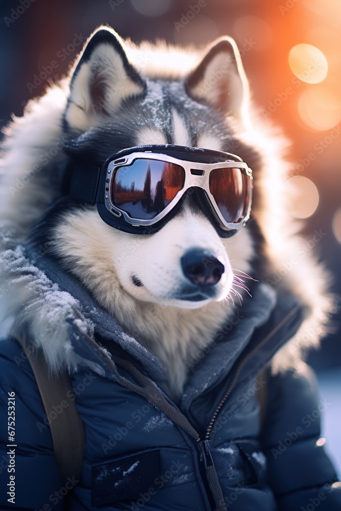 A majestic siberian husky with ski goggles and a winter jacket posing against a bokeh light background
