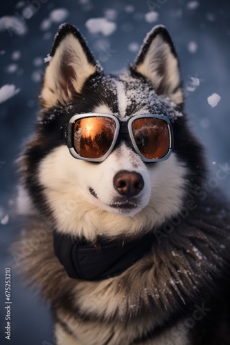 Siberian husky with stylish shades and snow-covered fur, looking at the camera with anticipation © mockupzord